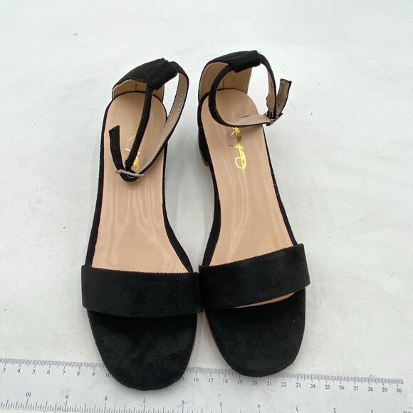 XYD Black Suede Open Toe Ankle Strap Buckled Low Chunky Heel Sandal - Picture 3 of 8